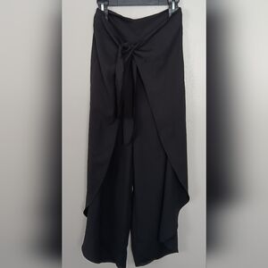Jealous Tomato Black Wide Legs Pants Front Slit Draped Zip Back And Tie Front L